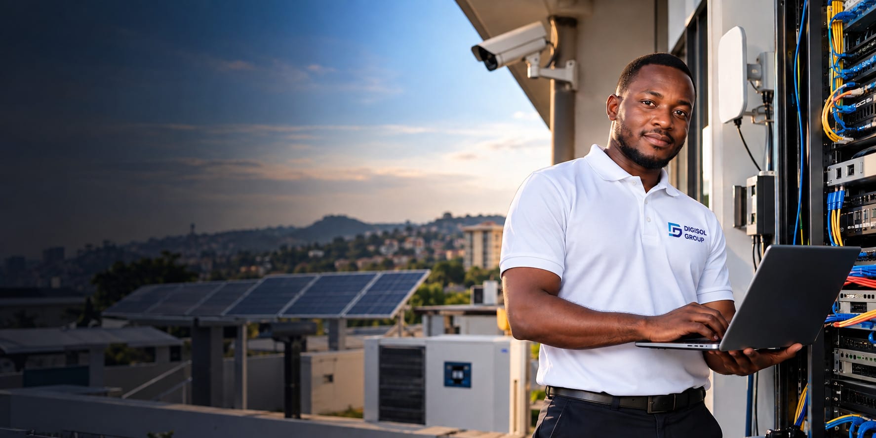 Digisol technician with a laptop beside a network cabinet, with rooftop solar panels and the city behind